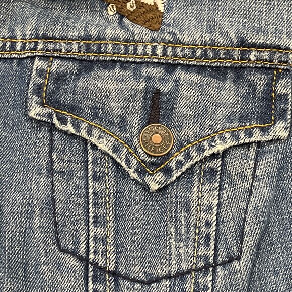 Tommy Hilfiger Womens Embroidered Y2K Jean Denim Jacket Distressed Sz L - Picture 7 of 14